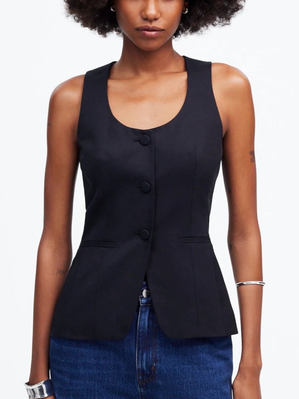 Madewell Scoopneck Cutaway Welt Pockets Vest Drapey Twill Black Size 4/S NWT